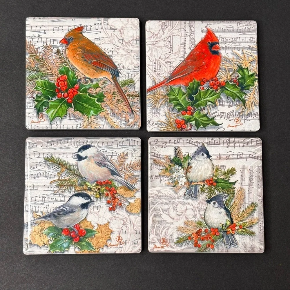 Chad Barrett Birds Coaster Set Holiday Birds Set Of 4 Glossy Cork Backing 4